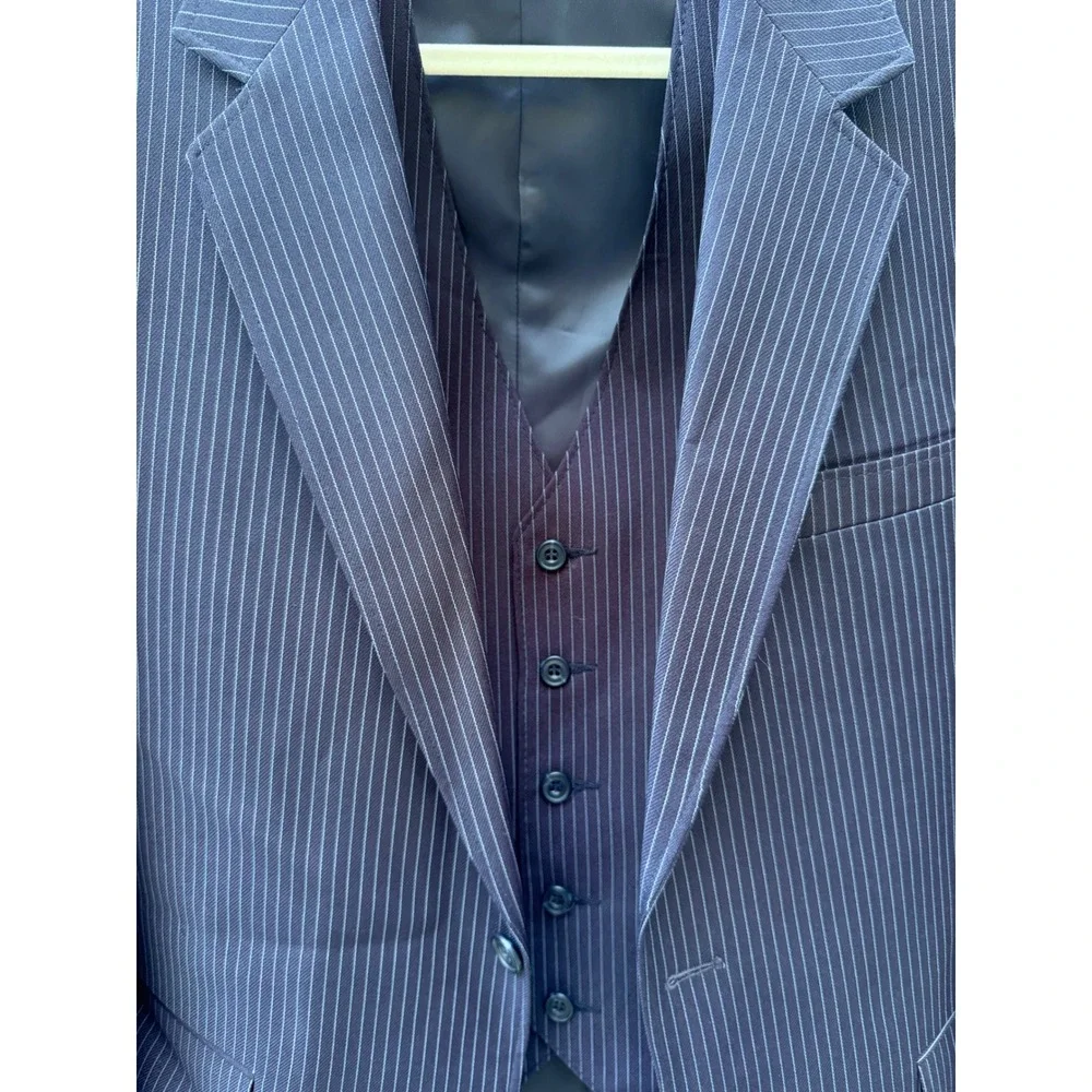 Vintage Sears Perma-Prest Navy Pinstripe Suit Jacket and Vest Set Mens Large